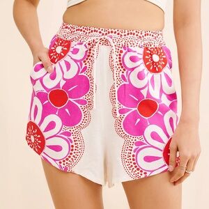 Farm Rio Shorts Maia Off White Pink Womens Size XS Floral Linen Blend Drawstring